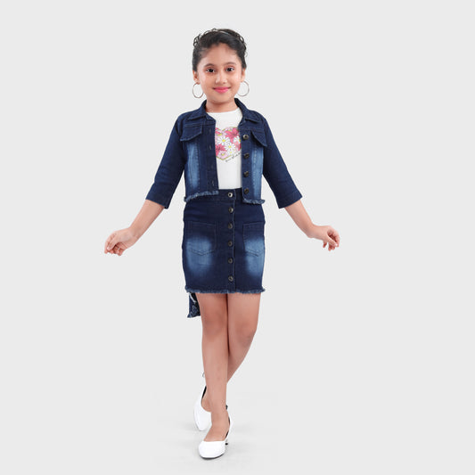 Girls Dark Blue Denim Skirt Set - 2717