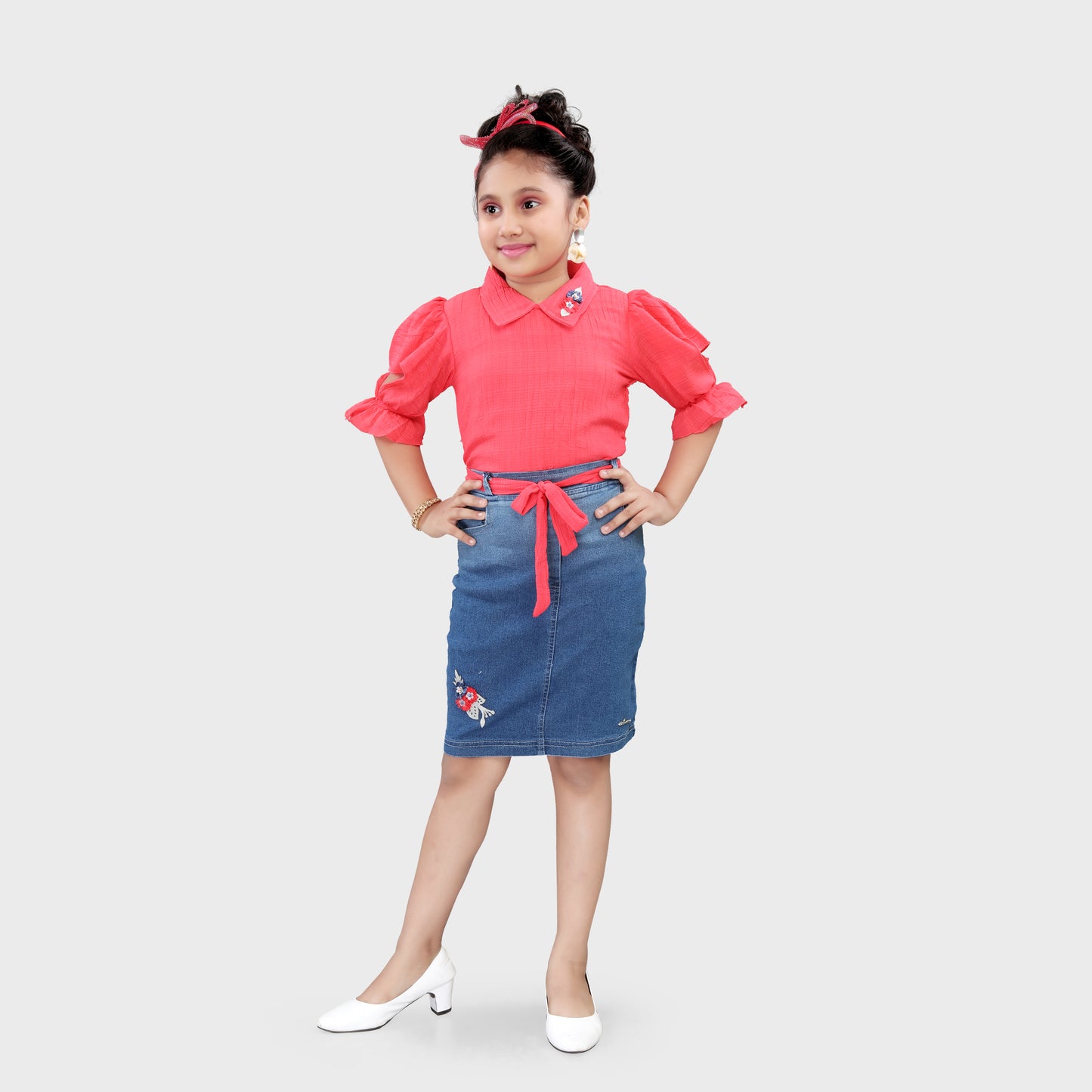 Girls Denim Skirt Set - RED 2737