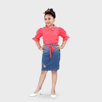 Girls Denim Skirt Set - RED 2737