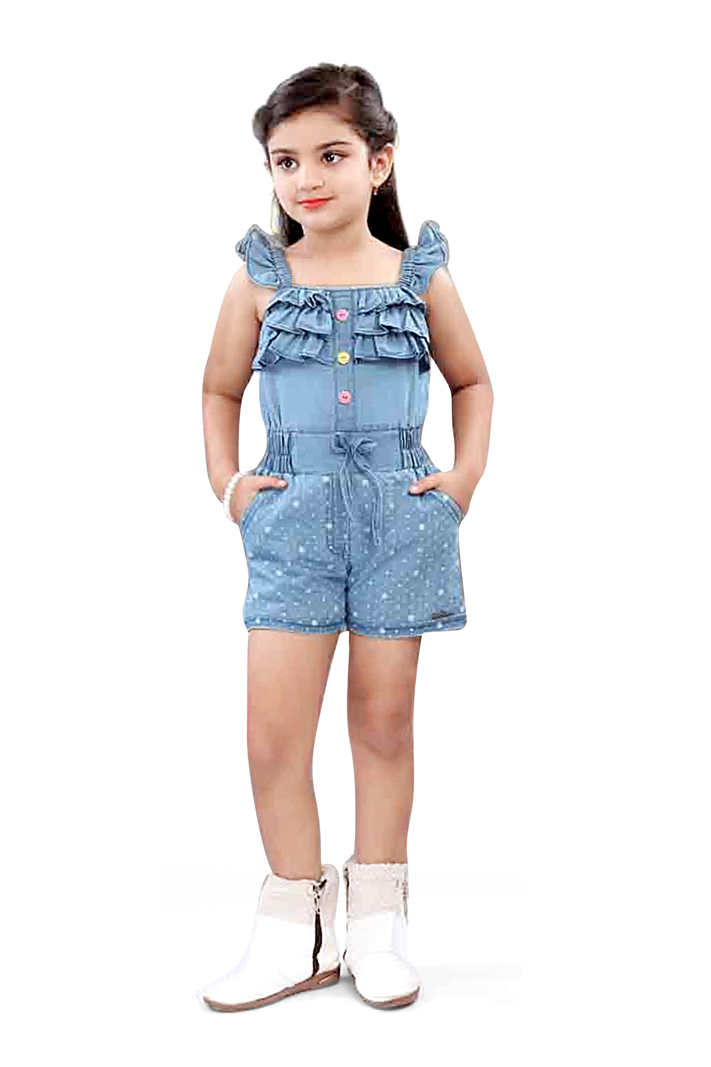 Girls Light Blue Denim Jumpsuit - 2746