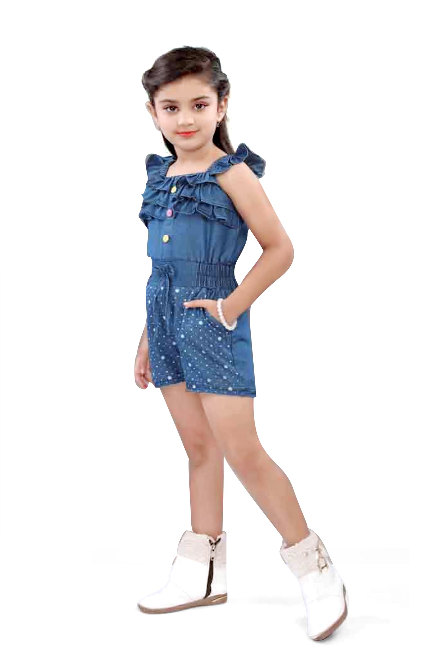 Girls Dark Blue Denim Jumpsuit - 2746